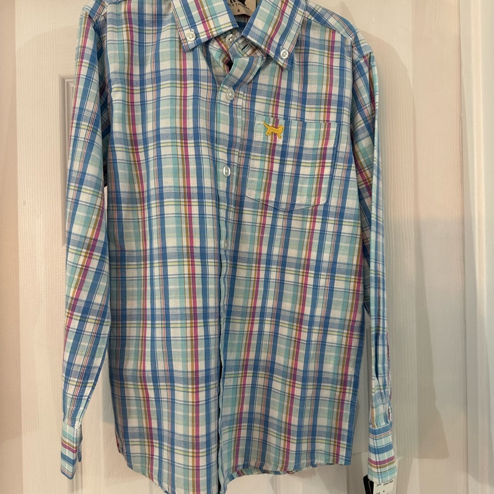 NWT Jack Thomas Boys Blue plaid cotton button down Size 4